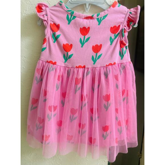 Baby Flutter Sleeve Tulle Dress Tulips on Fondant Pink 12-18 Months - Picture 3 of 4